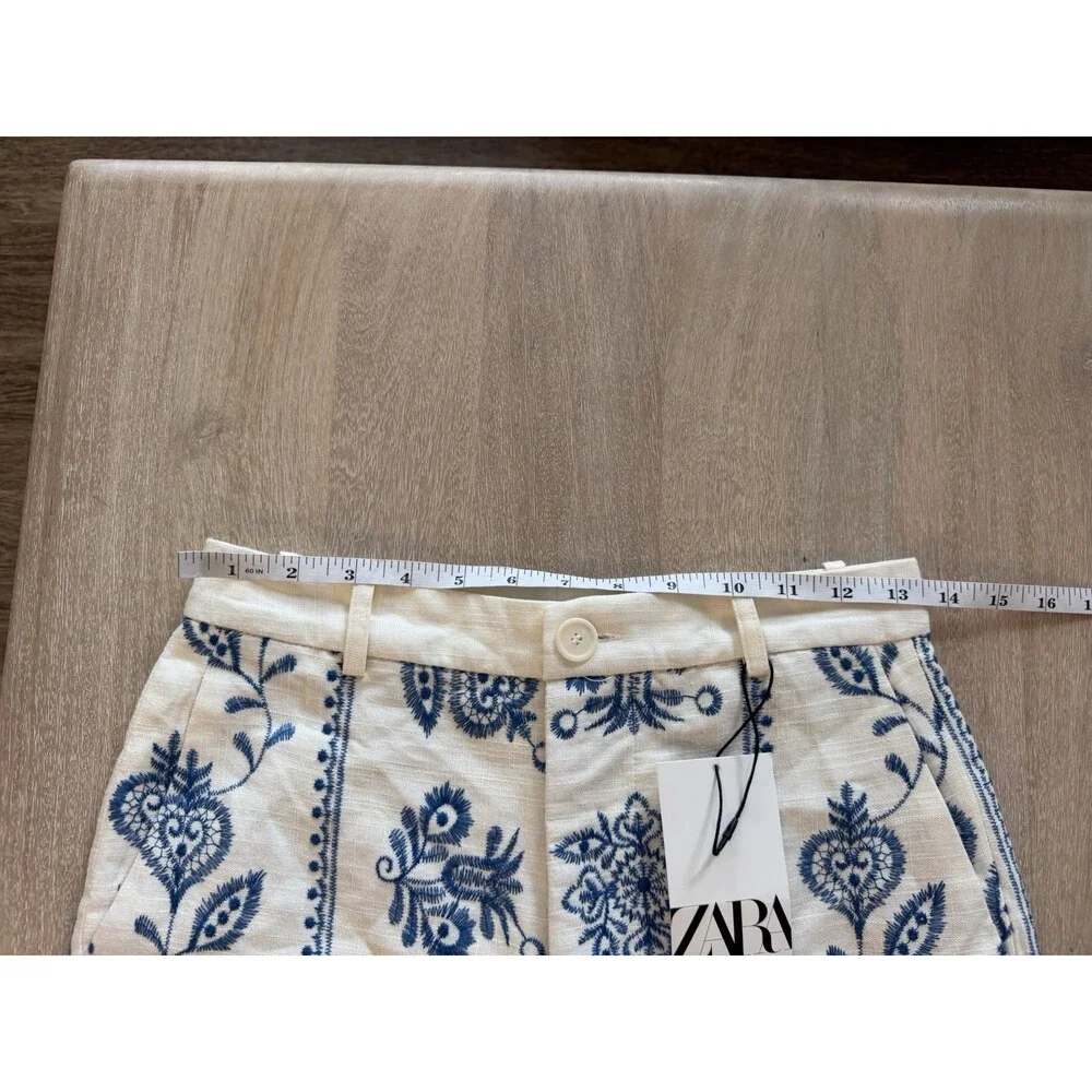Zara NWT Embroidered Linen Blend Straight Leg Pants Ivory & Blue Pattern Size XS - Picture 4 of 9
